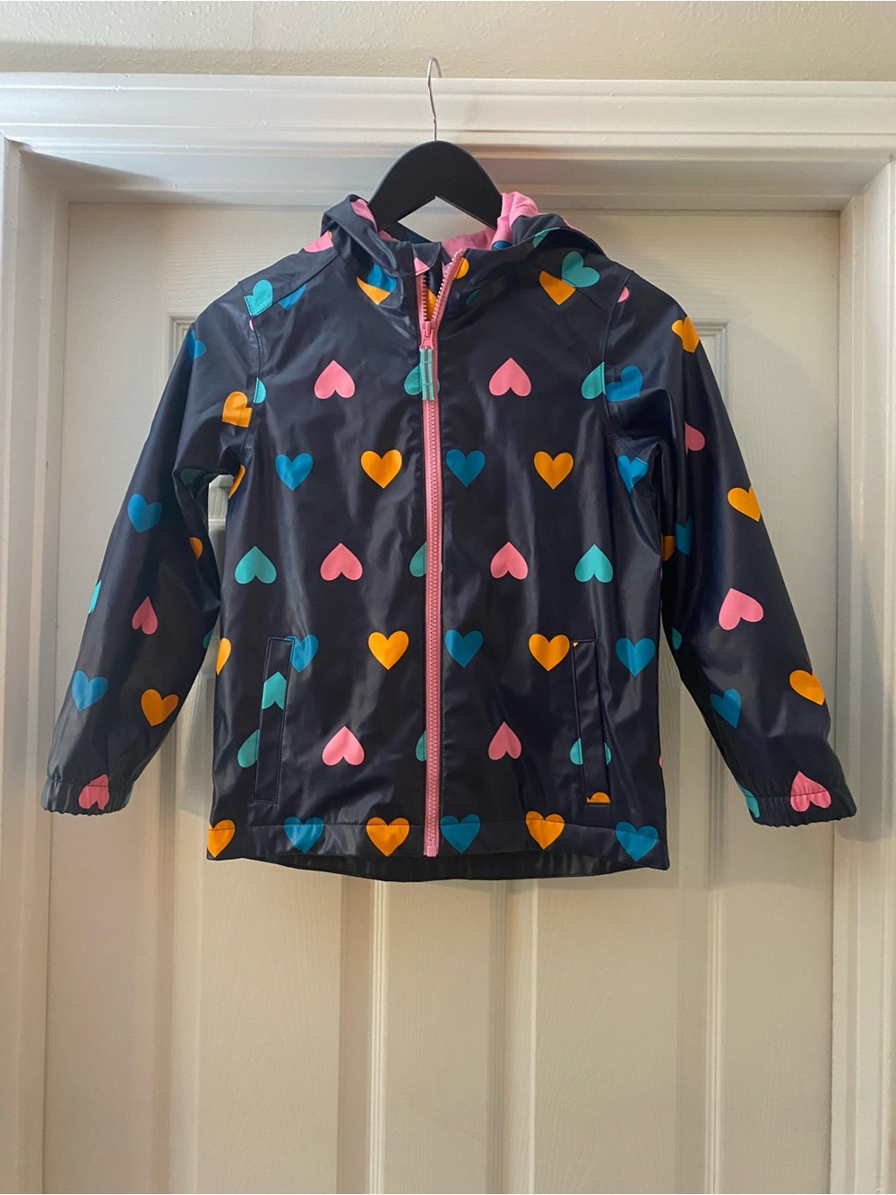 Cat & Jack Kids' Navy Heart Rain Jacket with Hood - Pink Zip. Small. 6/7 NWOT